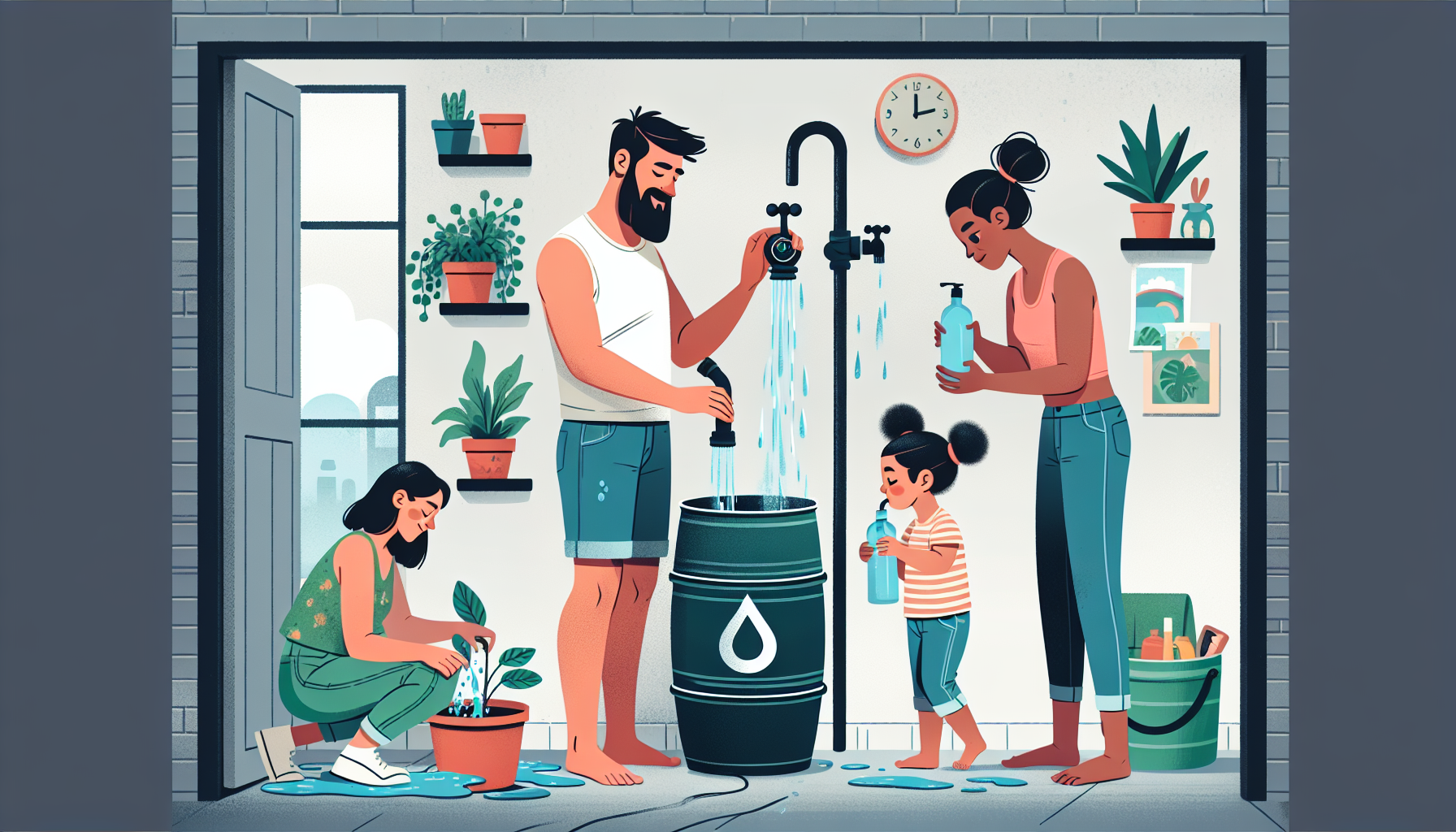 A family using mindful water usage habits in their daily routines, showcasing the importance of conscious water consumption