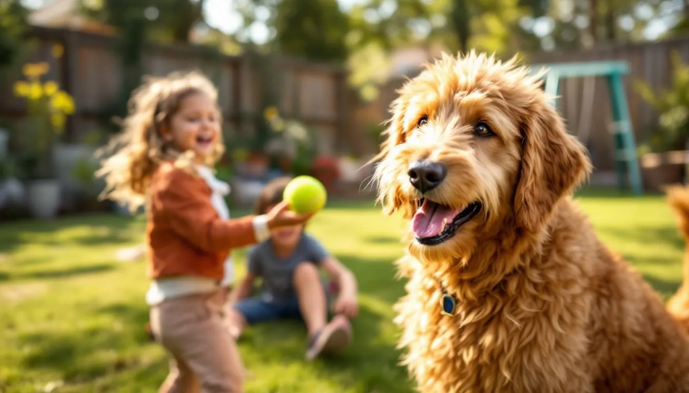 An adult F1BB Goldendoodle is playfully interacting with children in a sunny backyard, showcasing its gentle and friendly nature. This adorable dog, known for its non-shedding coat and excellent health, is a great addition for families looking for a playful companion.