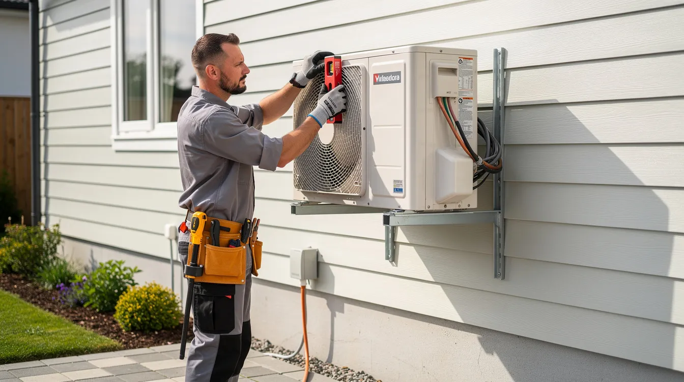 A technician is skillfully installing an inverter air conditioning unit on wall brackets outside a residential property, ensuring it is securely mounted for optimal energy efficiency and consistent cooling. The installation reflects the importance of inverter technology for achieving desired temperatures while minimizing energy consumption and noise levels.