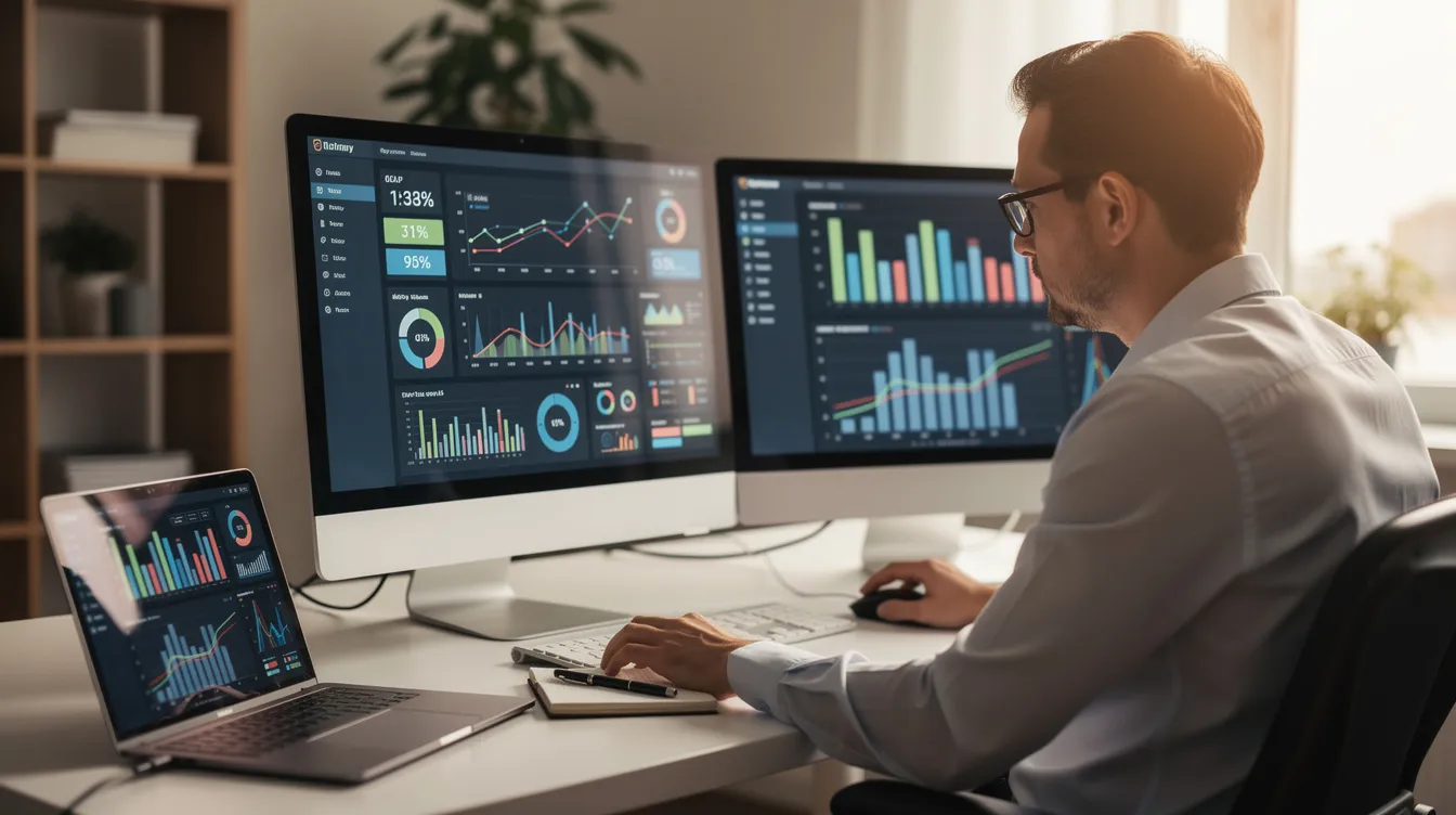 A professional is intently reviewing multiple data dashboards displayed on computer monitors, focusing on key performance indicators and insights to optimize workflows. The scene illustrates the importance of workflow automation and continuous monitoring in enhancing business processes and improving productivity.