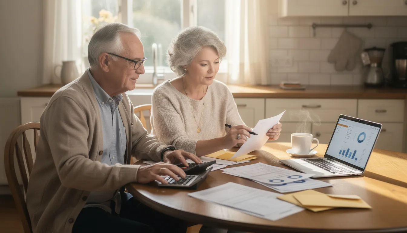 An elderly couple sits together at a table, reviewing financial documents with focused expressions, symbolizing their journey in retirement planning and financial management. They appear engaged in discussions about their financial goals, possibly seeking guidance from a financial planner to navigate their investment strategy and ensure a secure future.