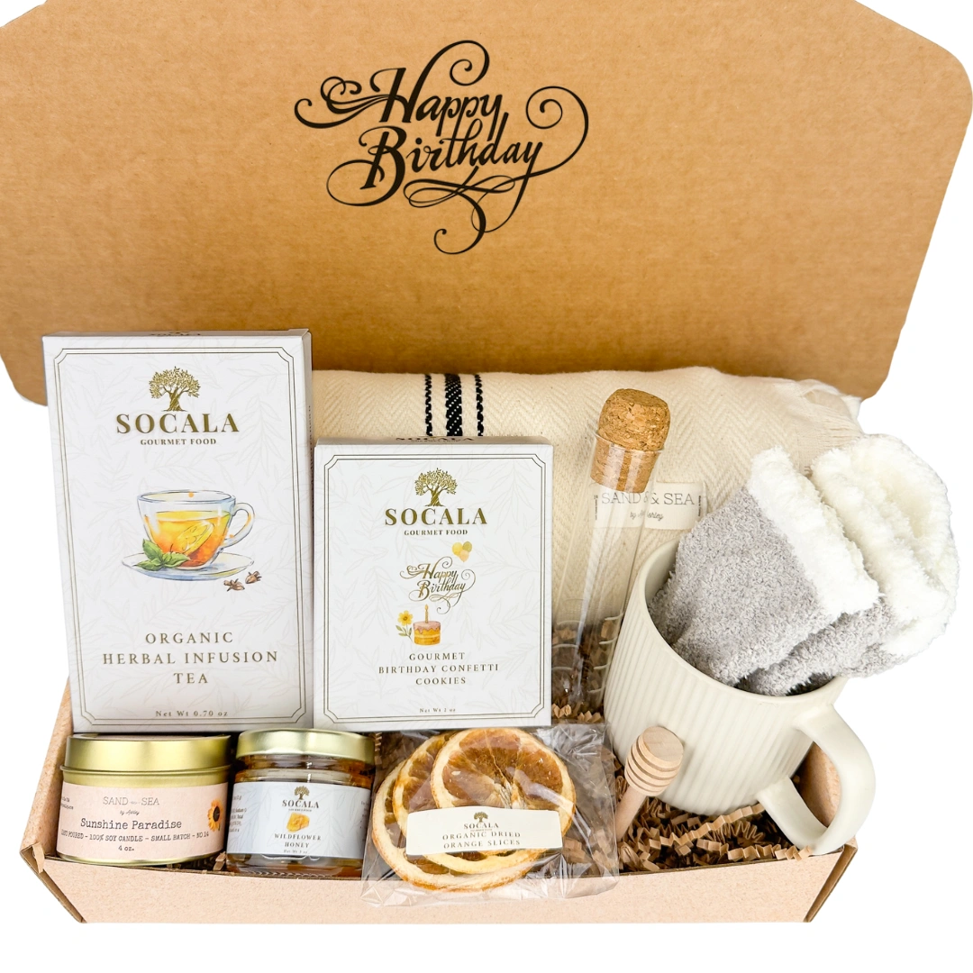 Sand & Sea by Ashley Cozy Blanket Birthday Gift Basket on a white background.