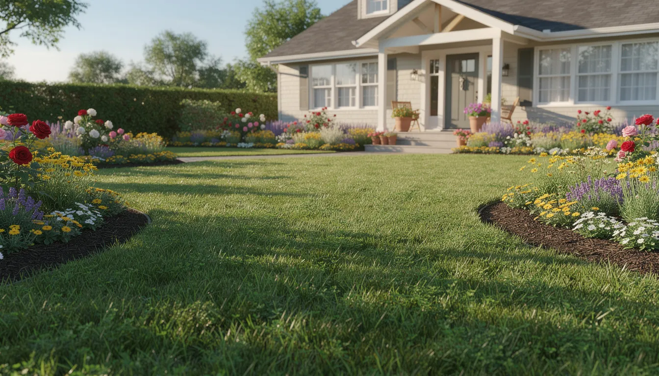 The image showcases a beautiful green family lawn, vibrant and healthy, bordered by colorful flowers, with a charming house visible in the background. This lush outdoor space exemplifies perfect lawn care, emphasizing the importance of regular mowing and maintenance for a thriving garden.
