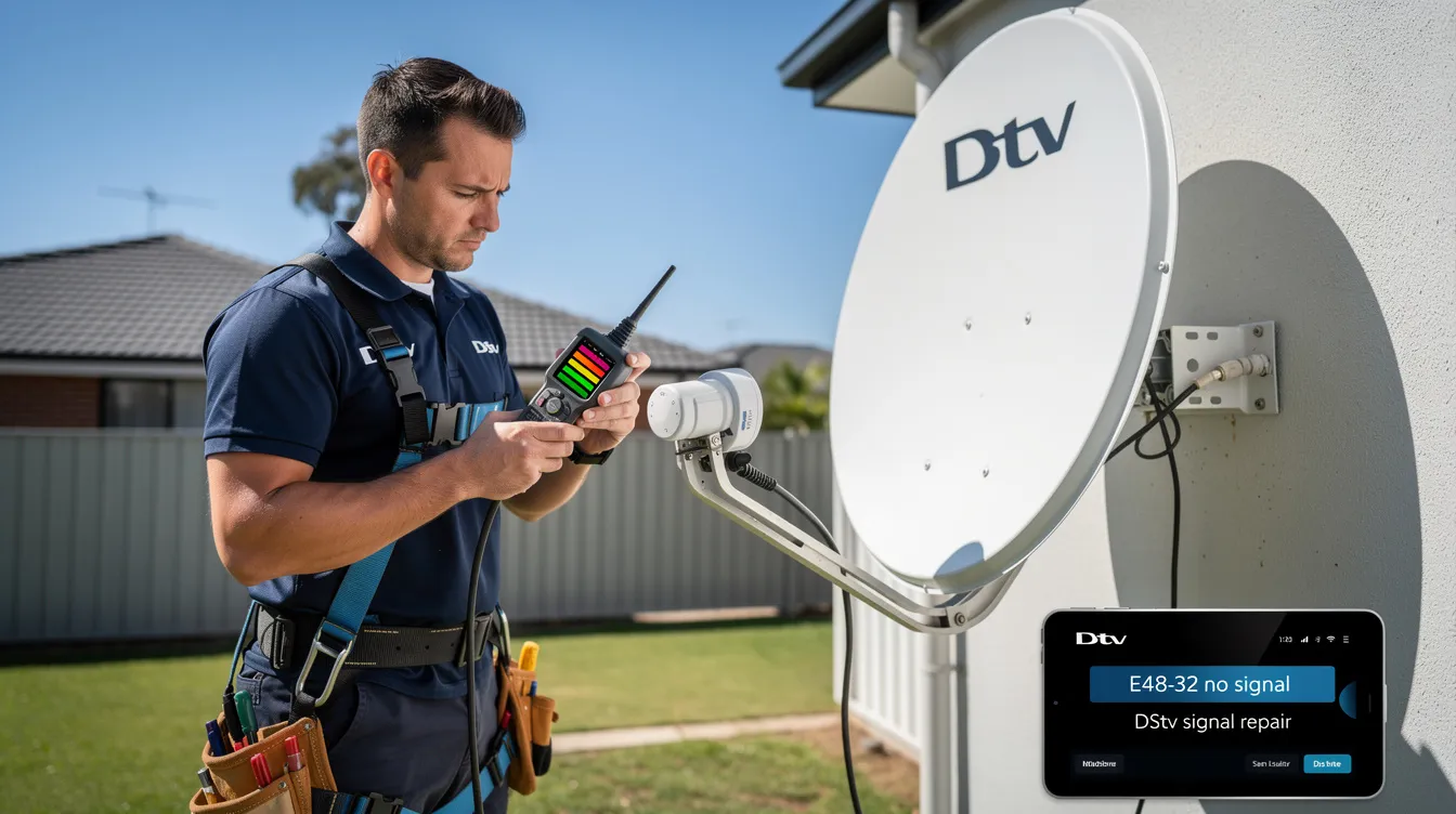A technician is inspecting the signal strength on a meter positioned next to a DStv dish, focusing on resolving the E48-32 no signal issue. The setup indicates a commitment to ensuring a reliable DStv streaming experience for users in South Africa.