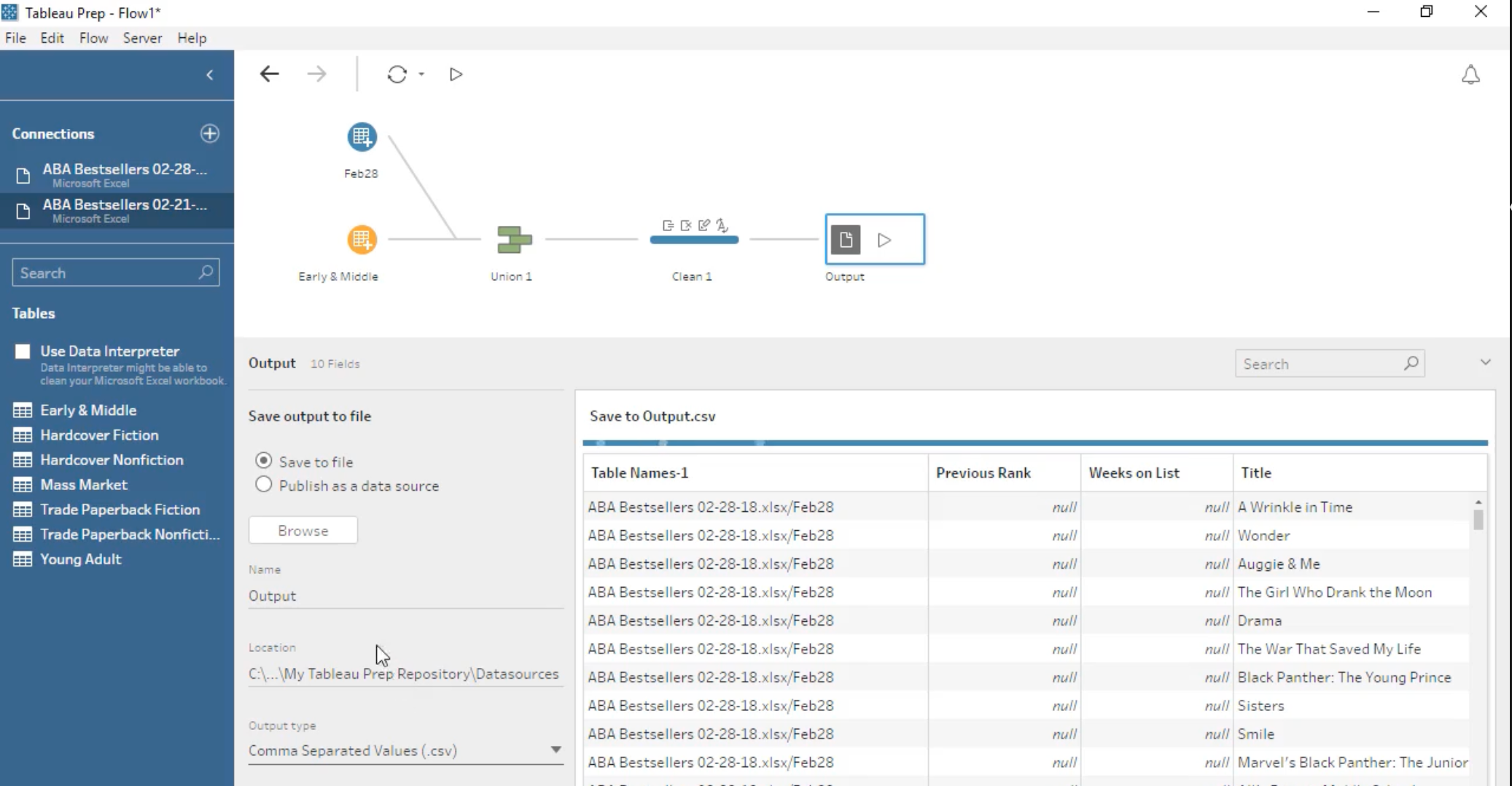 Example of basic flow in Tableau Prep