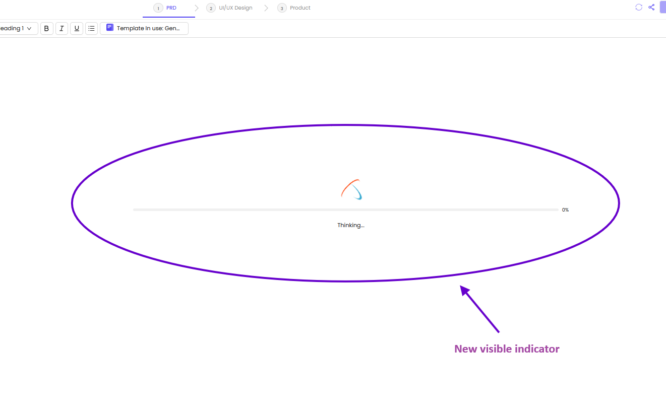 The image depicts an Omniflow AI loading screen, featuring a sleek and modern design with animated elements symbolizing progress and data flow. The screen includes icons representing product managers, user stories, and development teams, emphasizing the collaborative nature of the product development process and the importance of aligning with business objectives.