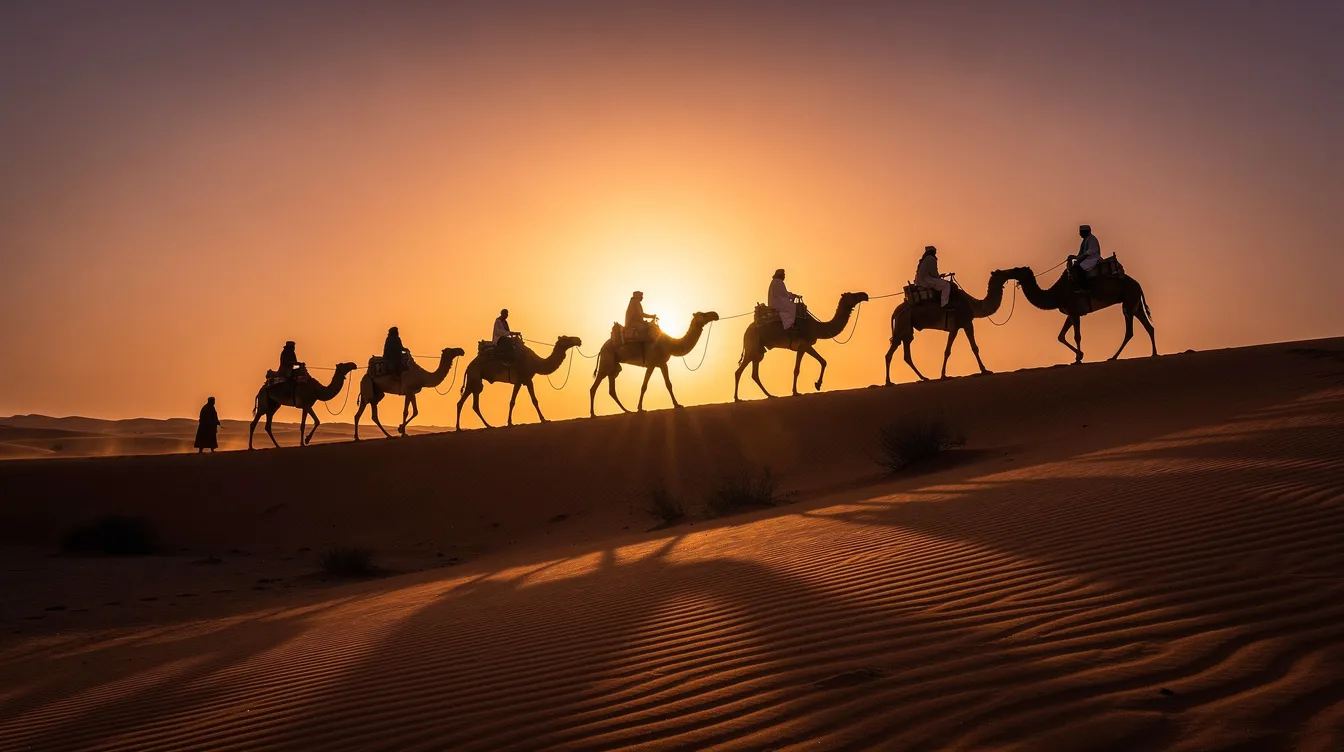 A caravan of camels is silhouetted against the vibrant orange dunes of the Sahara Desert at sunset, creating a stunning contrast that highlights the beauty of Morocco's landscapes. This scene captures the essence of exploring Morocco, a popular travel destination known for its unique culture and breathtaking scenery.