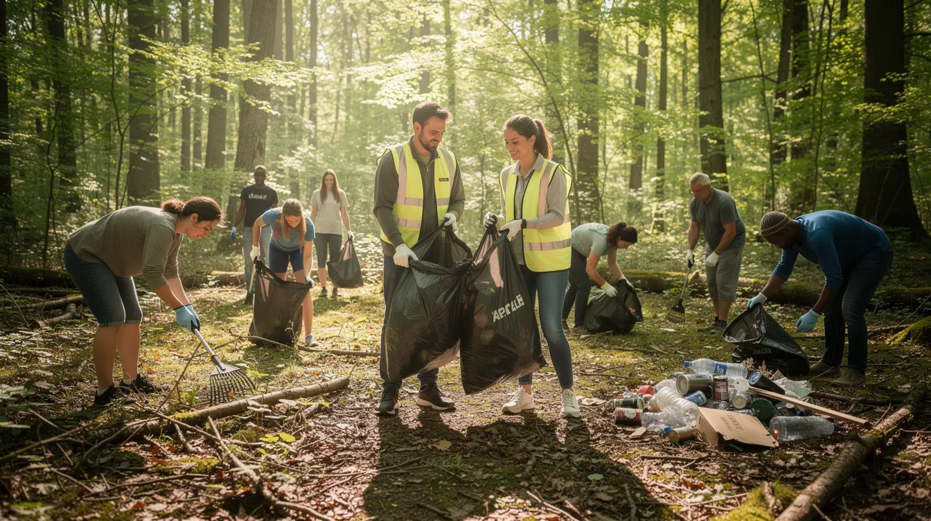 Na zdjęciu widoczna jest grupa wolontariuszy, którzy sprzątają las, zbierając śmieci do worków. Ich działania są przykładem dobrego uczynku, który przyczynia się do ochrony przyrody i poprawy stanu lokalnego środowiska.