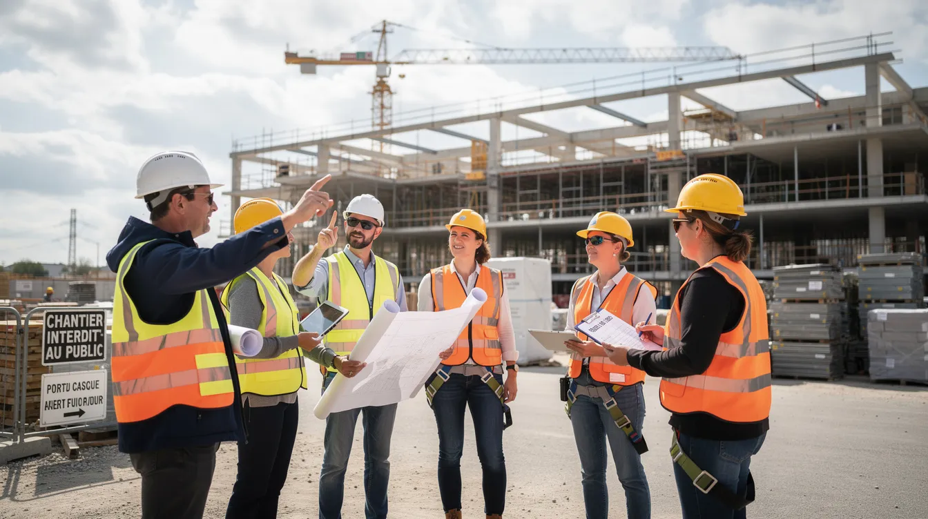 Une réunion de chantier se déroule devant un bâtiment en cours de construction, où plusieurs personnes, portant des casques de sécurité, discutent des travaux en cours. Parmi elles, on peut identifier des maîtres d'ouvrage et des professionnels de la maîtrise d'œuvre, échangent sur les responsabilités et les objectifs du projet de construction.