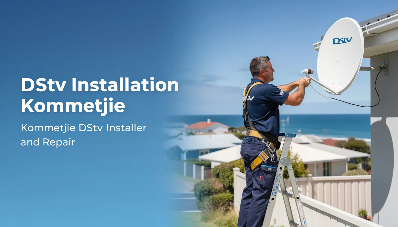 A professional DStv installer is seen working on a satellite dish installation in Kommetjie, ensuring optimal signal reception for customers. The technician is equipped with tools and equipment necessary for DStv installations and repairs, highlighting the importance of experienced technicians for quality service.