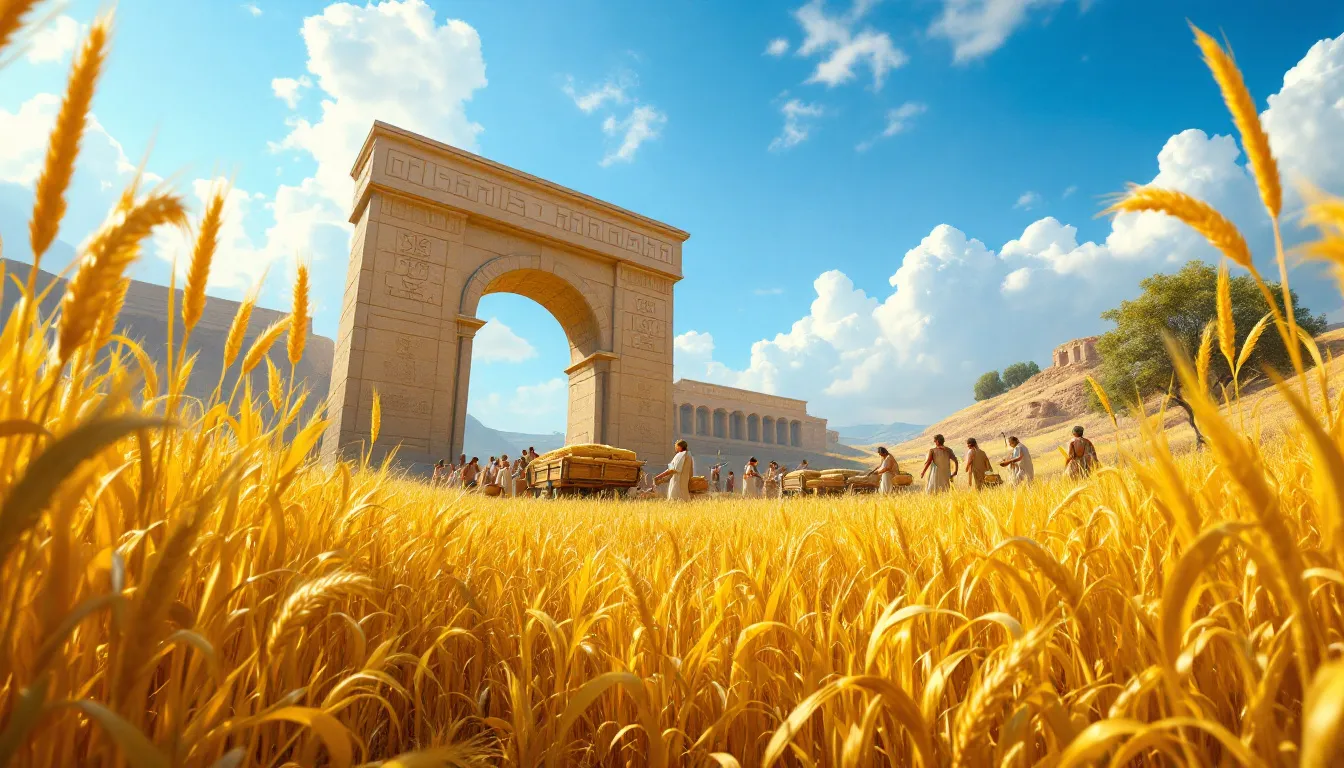 The image depicts an ancient biblical scene filled with lush fields and bountiful harvests, symbolizing prosperity and abundance. It reflects themes of generosity, as seen in the concept of a "cheerful giver," and highlights the blessings of the Lord Almighty, reminding viewers of the wisdom in God's word regarding wealth and stewardship.