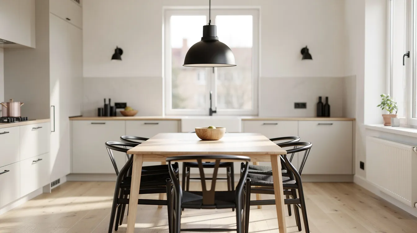 En matt svart metallpendel hänger elegant över ett ljust trä matbord i ett stilrent skandinaviskt kök, vilket ger en modern och stilfull belysning till rummet. Lampan bidrar till en varm och inbjudande atmosfär i hemmet.