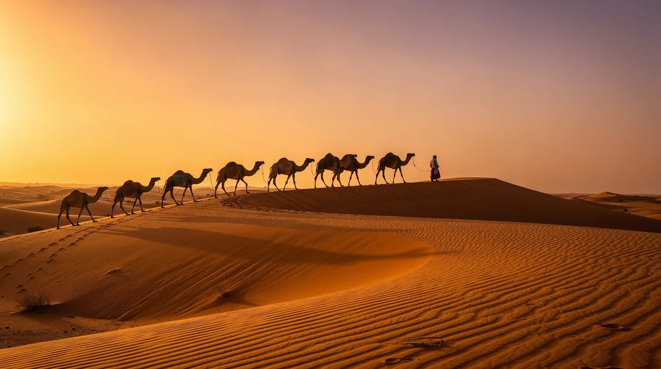 الكثبان الذهبية ديال عرق الشبي فالغروب مع قافلة ديال الجمال.