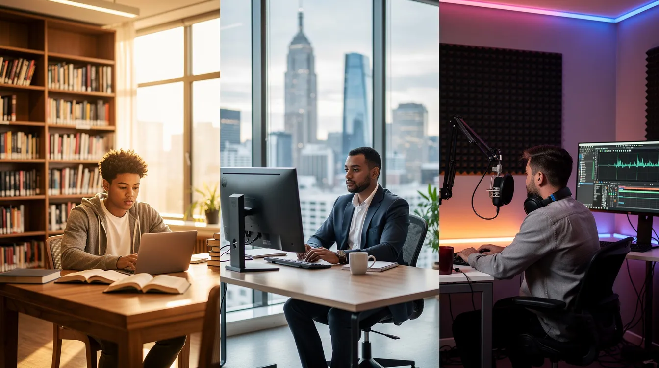 The image features a diverse group of individuals in various settings: a student immersed in study within a library, a professional engaged in work at an office, and a content creator in a studio setting, speaking into a microphone. This scene highlights different aspects of creating content, from online courses to video transcription, showcasing the importance of accurate transcripts for effective communication.
