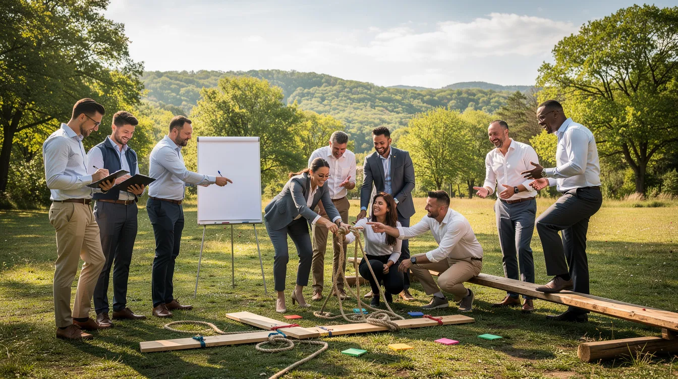 Un groupe de professionnels participe à une activité outdoor collaborative dans un parc naturel, favorisant le développement d'une équipe et la cohésion entre les membres. Cette expérience de team building vise à améliorer la communication et la performance au sein de l'entreprise.