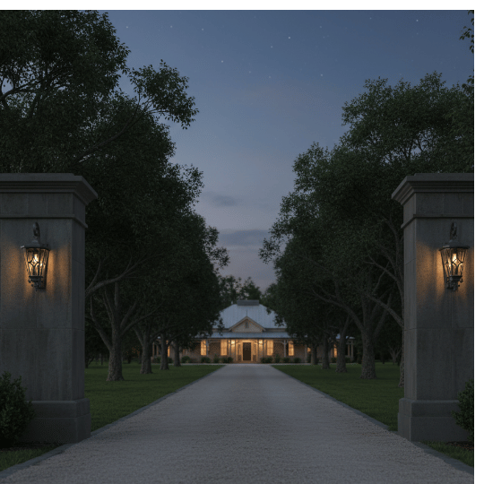 Country estate driveway entrance illuminated by classic lantern lights on stone columns.