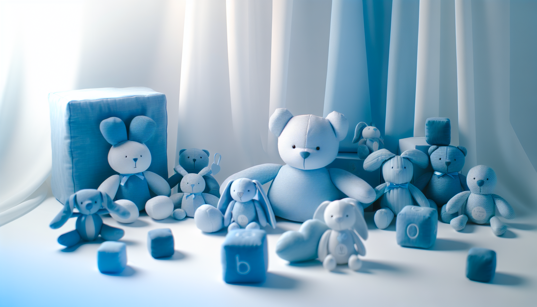 Baby soft toys in calming blue hues