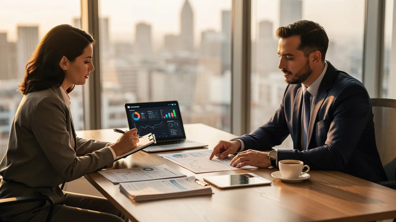 A financial advisor and a client are engaged in a professional consultation, reviewing various documents related to retirement savings and investment options, including gold and silver bullion. This meeting highlights the importance of selecting the right gold IRA company for effective precious metals investing.