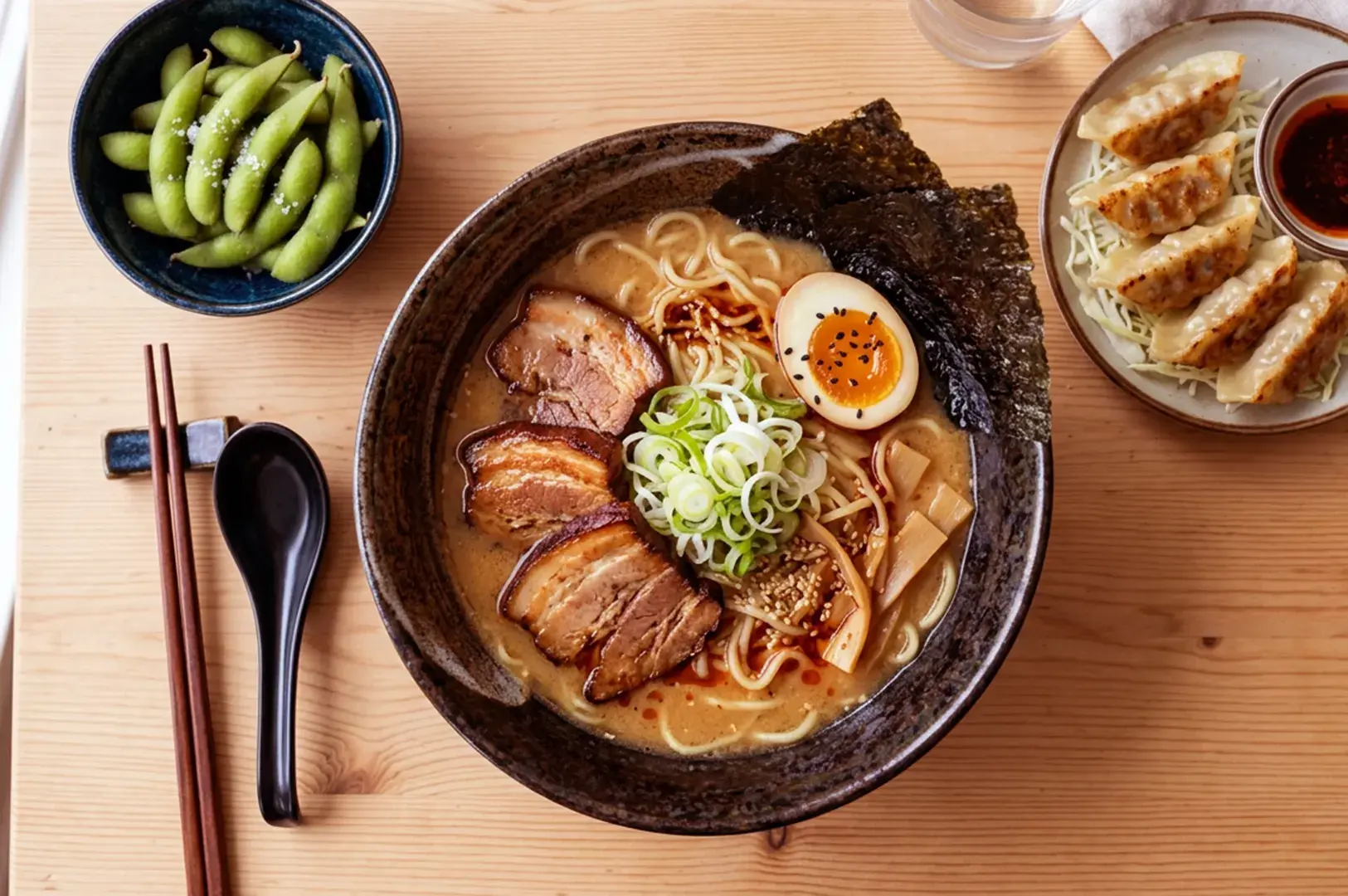 A bowl of miso ramen topped with sliced pork, a soft-boiled egg, scallions, nori, and bamboo shoots, served with edamame and gyoza on the side.