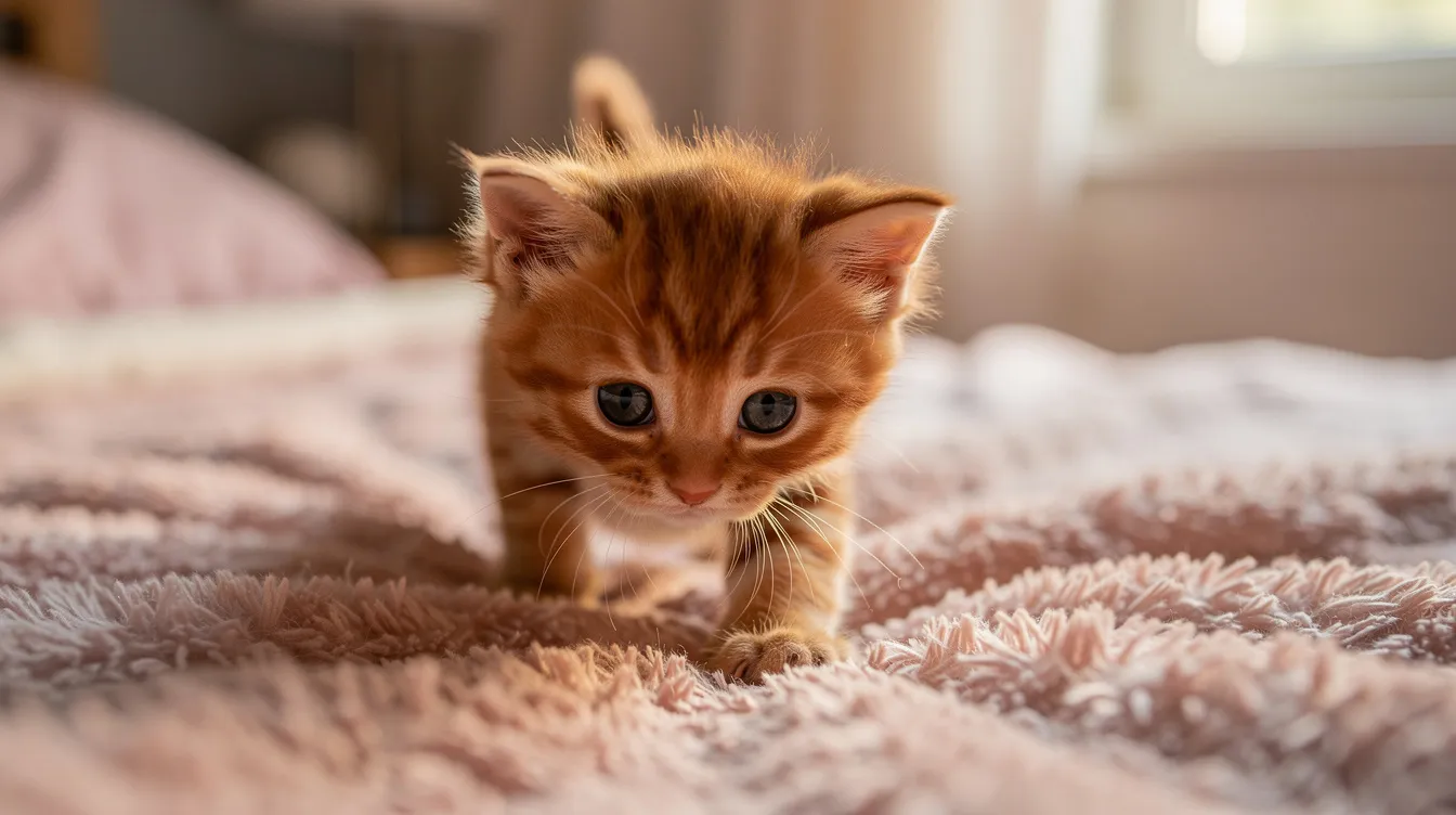 A young kitten is taking its first wobbly steps on soft bedding, showcasing its curiosity and determination as it explores its surroundings. The scene captures the innocence of very young orphan kittens, highlighting their developmental milestones as they begin to navigate their new world.