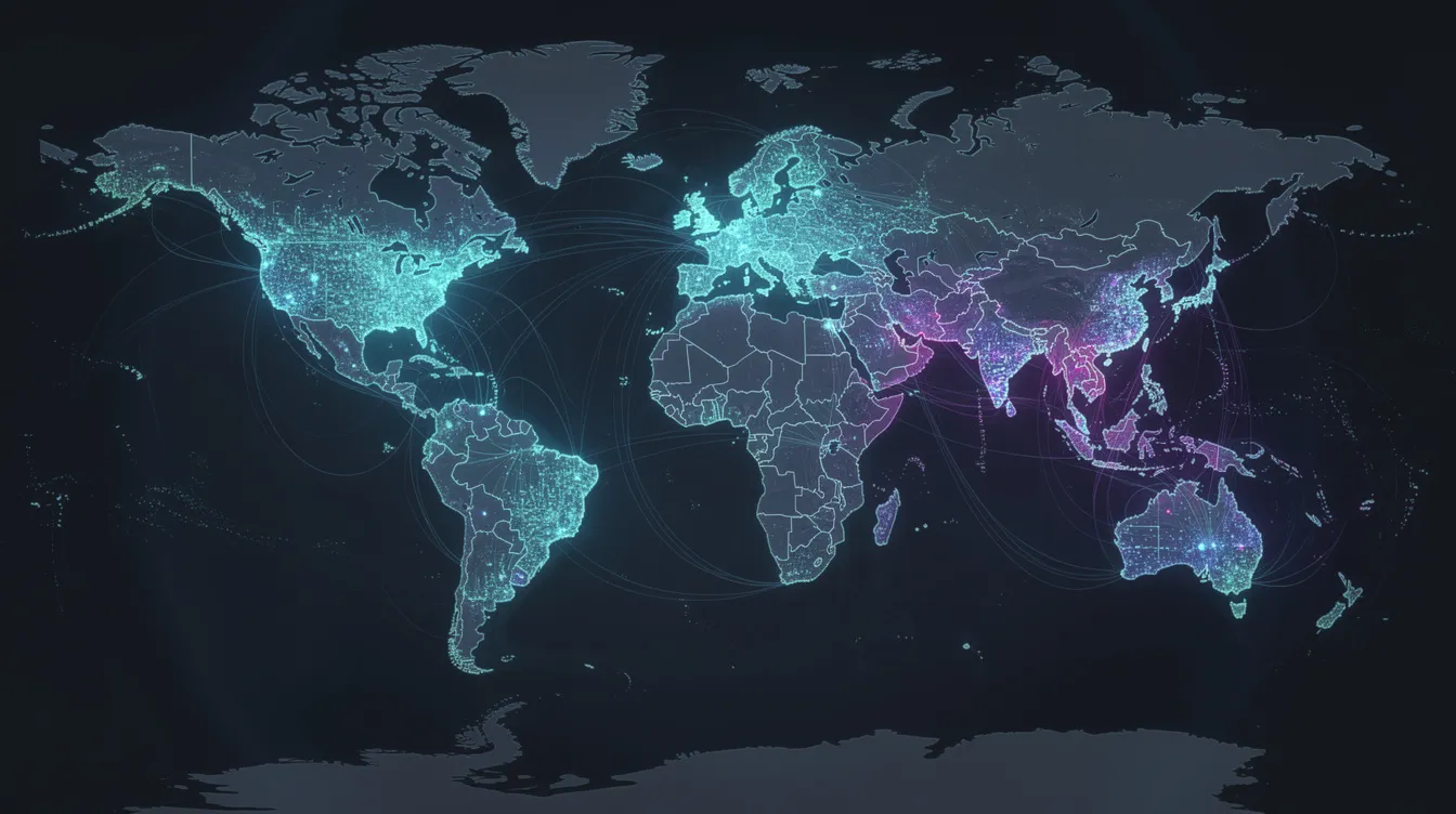 The image depicts a global network map illustrating digital connections that light up across various continents, symbolizing the world's largest payments networks. Glowing nodes represent financial institutions and businesses facilitating secure digital payments, showcasing the innovative spirit of Visa in transforming transactions and enabling money movement worldwide.