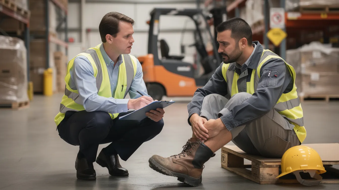A construction worker sits on a stack of pallets, holding their injured ankle while reviewing paperwork with a supervisor in a warehouse setting. The scene captures the seriousness of a workplace injury, featuring safety boots, a hard hat, and a forklift in the background, emphasizing the importance of workers compensation benefits and seeking medical care after an injury.