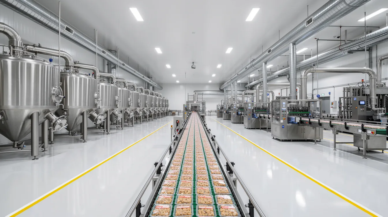 The image shows the interior of an industrial food processing plant, featuring stainless steel equipment and conveyor belts used in the puffed rice manufacturing process. This high-tech environment is designed for the efficient production of puffed rice, a popular snack food in the Indian subcontinent, highlighting the automation and quality control measures essential for maintaining production capacity and safety.