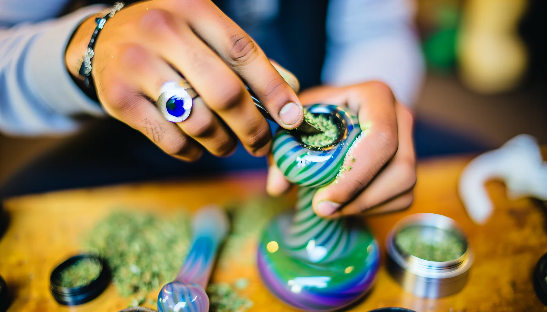 Close-up of a weed bowl being packed with freshly ground weed