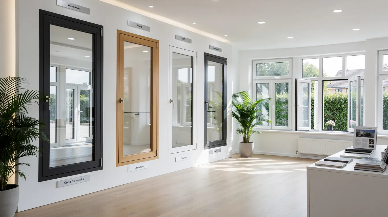 The image depicts a professional showroom featuring a variety of window styles and frame materials, showcasing options for both residential and commercial properties. This space highlights the potential for franchise owners in the home improvement industry to explore proven business models and service offerings related to window installation and maintenance.