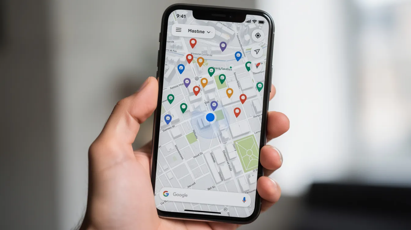 The image shows a smartphone screen displaying a Google Maps view with multiple location pins scattered across a city map, indicating various local businesses in Gainesville, FL. This visual representation highlights the importance of local search visibility and effective SEO strategies for businesses aiming to attract customers in their area.