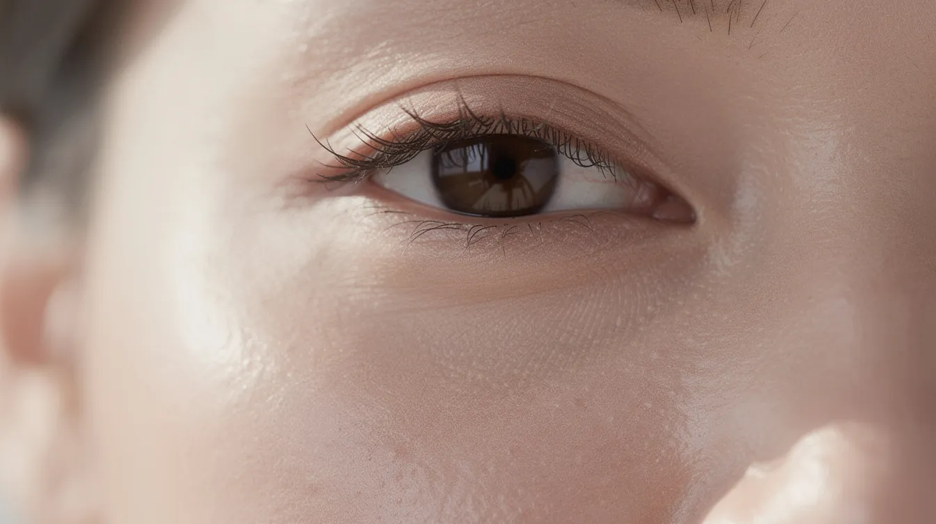 Primer plano de la zona periocular de una persona con piel saludable, iluminada por luz natural, mostrando un contorno claro y sin signos de bolsas en los ojos ni ojeras. La imagen resalta la elasticidad y el tono uniforme de la piel alrededor de los ojos, sugiriendo un aspecto fresco y rejuvenecido.