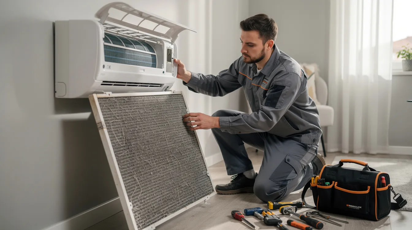 A skilled technician is inspecting the air conditioner filter during a routine service, ensuring the air conditioning system operates efficiently and effectively. This maintenance helps prevent air conditioning problems and promotes energy efficiency, ultimately saving money on energy bills.