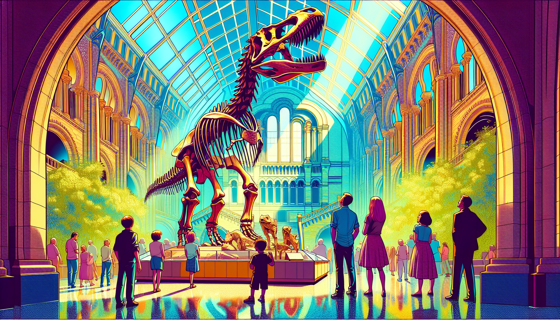 A glimpse into the Natural History Museum featuring dinosaur fossils.