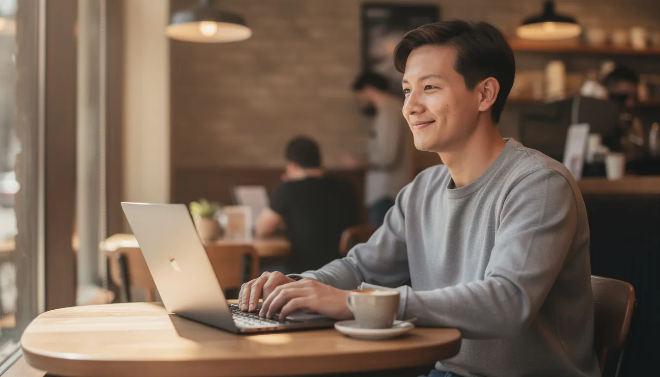 A relaxed person is working on a laptop at a coffee shop, embodying a healthy work-life balance. This scene reflects the benefits of a flexible PTO policy, allowing employees to enjoy their work while also taking time for personal moments.