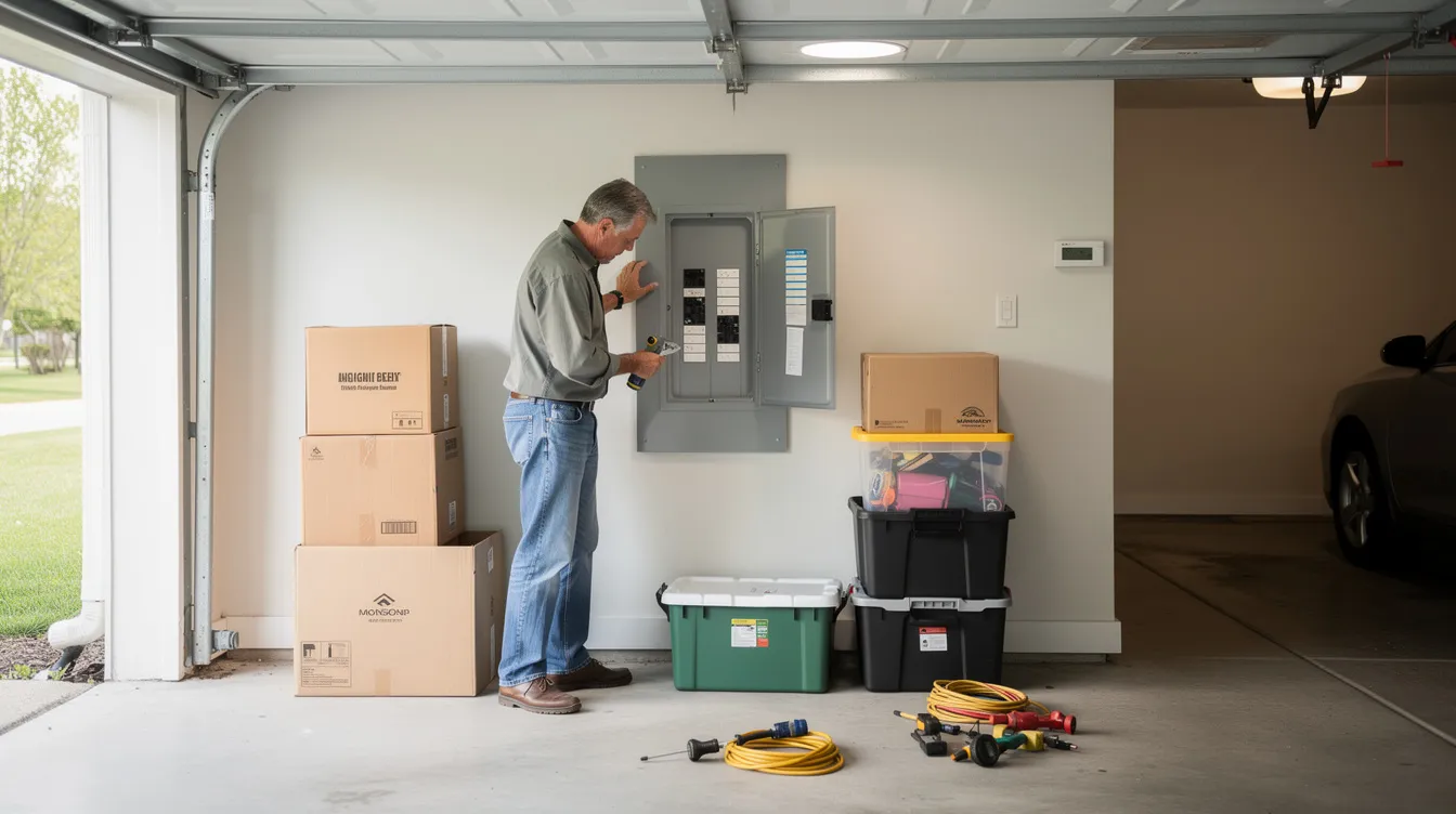 A homeowner is seen clearing items away from a residential electrical panel in a garage, ensuring safety and access for any necessary electrical work. This preparation is important for homeowners looking to hire a reliable electrician for future projects.