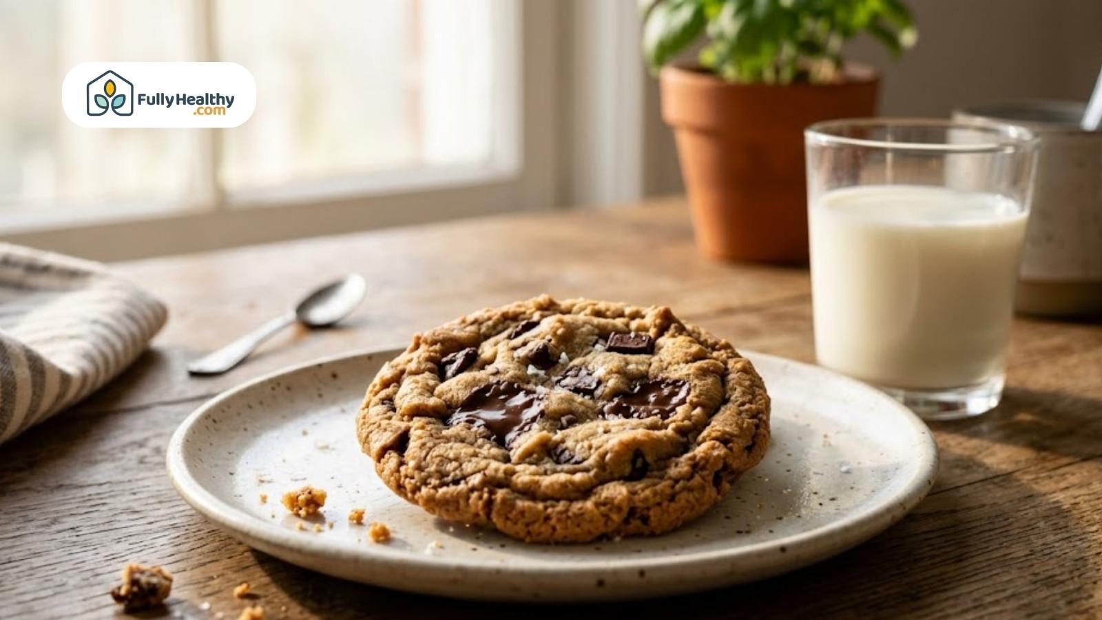 Chocolate chip cookie on plate with glass of milk beside it