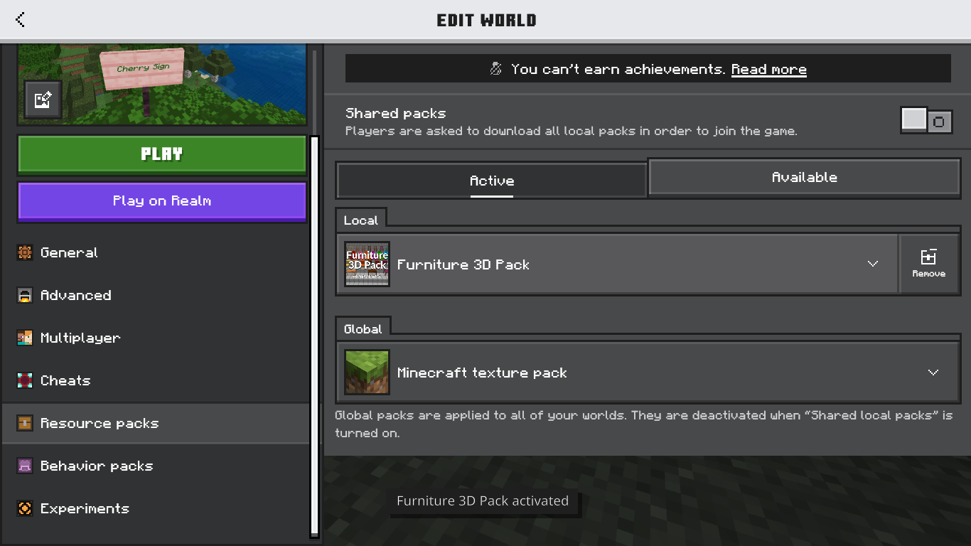 The activated Furniture 3D mod.