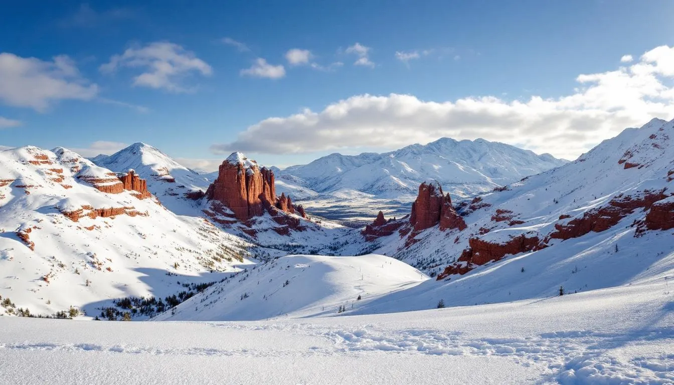 The image showcases a stunning mountain view of Brian Head Resort, featuring snow-covered peaks alongside striking red rock formations in the background. This picturesque scene highlights the beauty of southern Utah's landscape, perfect for skiing enthusiasts exploring the skiable terrain at this family-friendly ski resort.