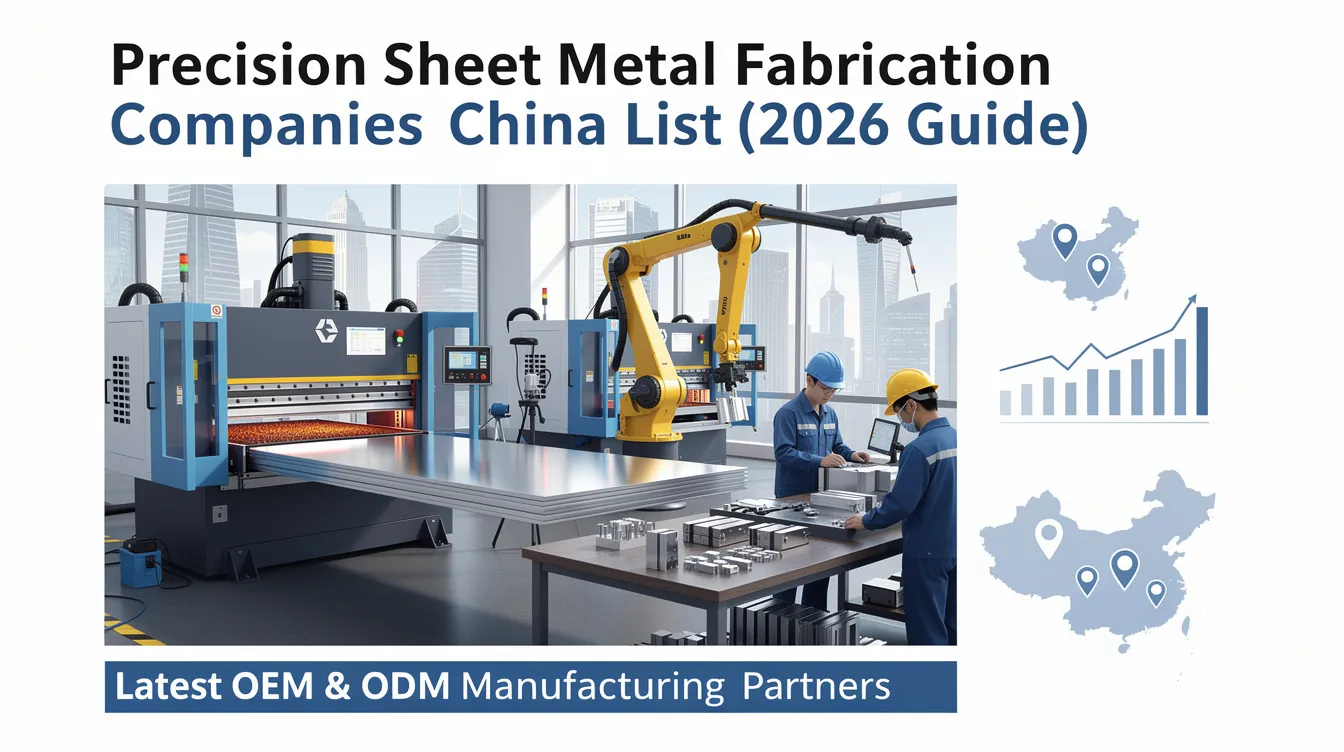 This image features a comprehensive guide titled "Precision Sheet Metal Fabrication Companies China List (2026 Guide)," showcasing various metal fabrication companies specializing in custom sheet metal fabrication services, including techniques like laser cutting and CNC machining. The guide highlights the significance of precision sheet metal fabrication in industries such as automotive and aerospace, emphasizing the importance of quality certifications and advanced technology in the metal fabrication industry.