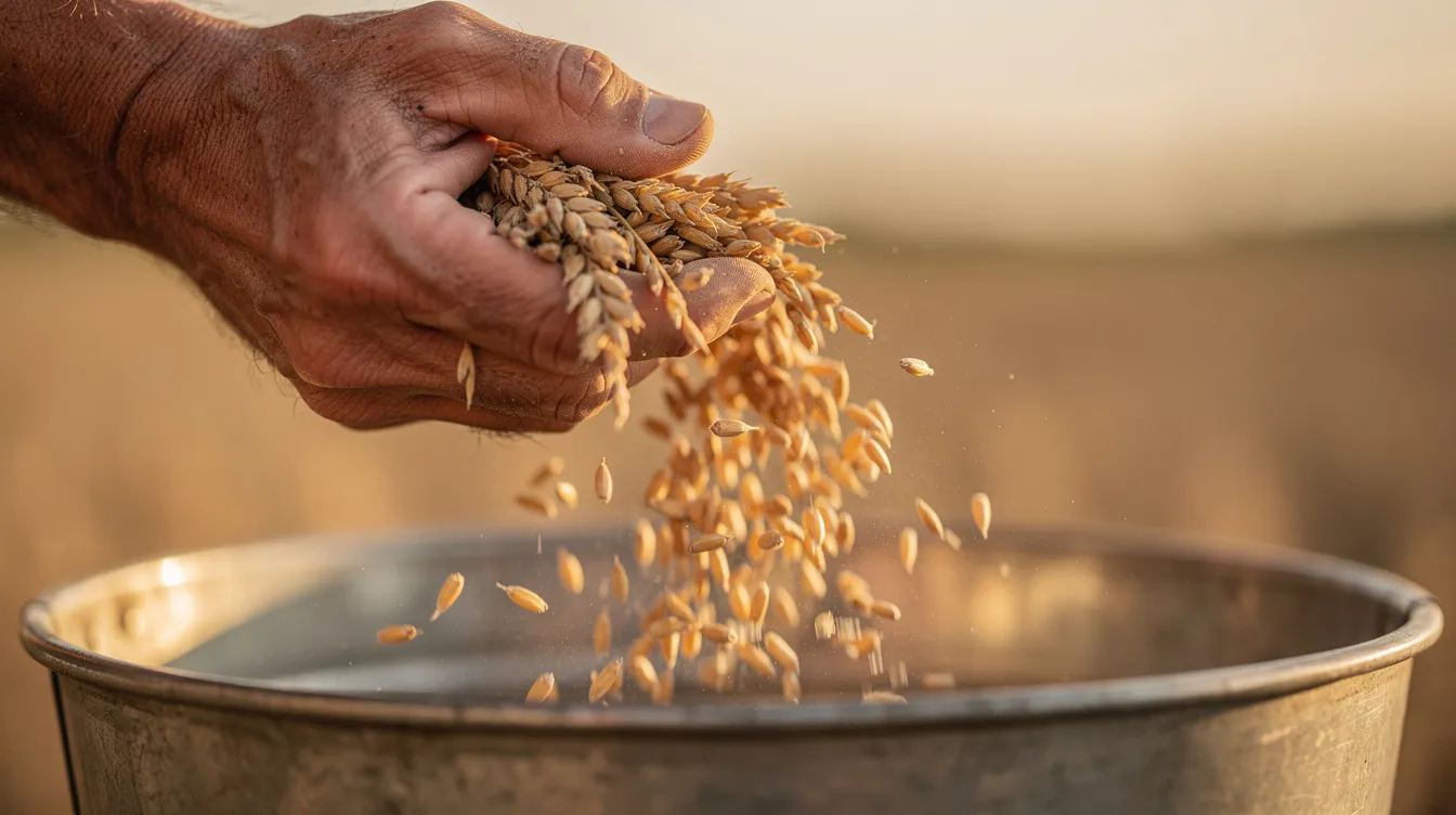 A close-up image shows golden wheat kernels being poured from a hand into a metal container, highlighting the raw materials essential for the flour milling process. The texture and color of the grains emphasize their quality as they prepare for milling in a roller flour mill.