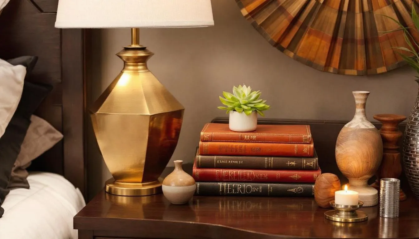 A beautifully styled bedside table features a bedside lamp, stacked books, a small plant, and decorative objects, creating a layered visual interest that enhances the bedroom decor. This modern bedside table combines functionality with a stylish aesthetic, making it an elegant addition to any bedroom furniture collection.