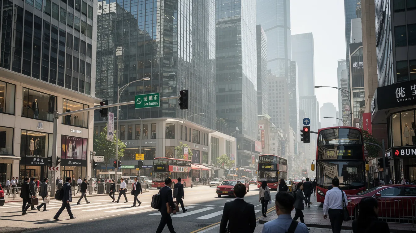 The image depicts a bustling modern commercial district in Hong Kong, featuring sleek glass office buildings under bright daylight. This vibrant environment is a hub for businesses, including those seeking 中小企融資 and貸款申請, highlighting the city's dynamic financial landscape.