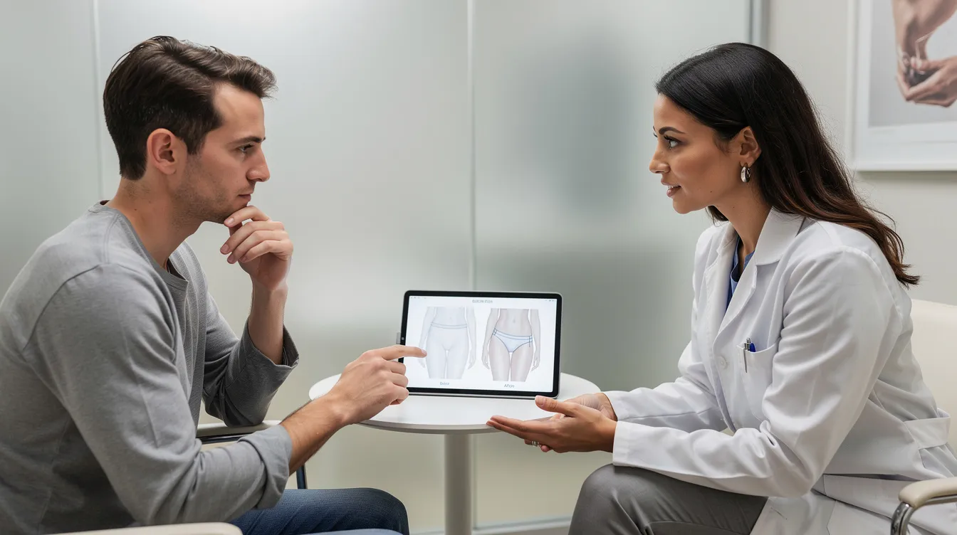 A clinician and a patient are engaged in a private consultation, discussing body contouring goals, including options for buttock enhancement such as the Brazilian butt lift and non-surgical buttock augmentation. The clinician explains the procedure details, emphasizing the importance of realistic expectations and the potential for natural-looking results through fat transfer and injectable dermal fillers.
