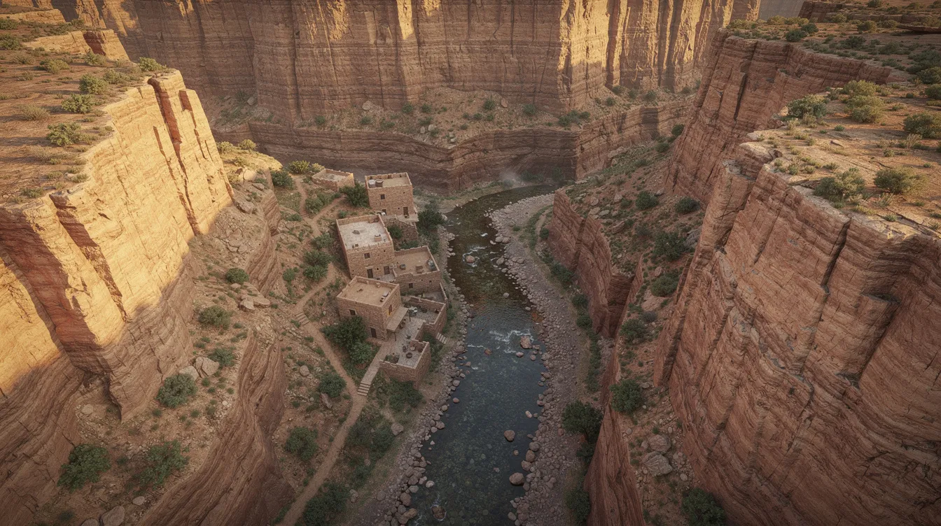 The image depicts a breathtaking view looking down into the deep Grand Canyon, showcasing a winding creek and small stone buildings nestled at the bottom, surrounded by the rugged canyon walls. This scene highlights the natural beauty of Grand Canyon National Park, inviting visitors to explore its many attractions and accommodations, such as the nearby Bright Angel Lodge and Phantom Ranch.
