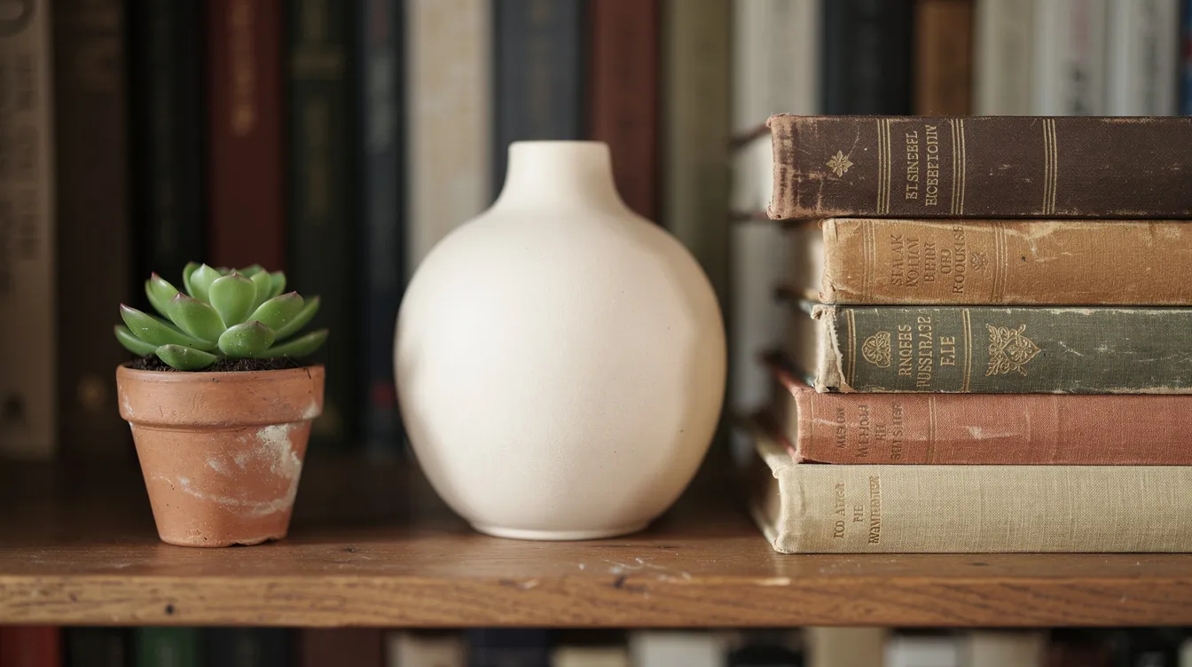 Close-up van een boekenplank met een keramieken vaas, een kleine vetplant en een stapel boeken in verschillende kleuren. Deze decoratieve objecten voegen een persoonlijke touch toe aan de boekenkast en creëren een sfeervolle uitstraling in de woonkamer.