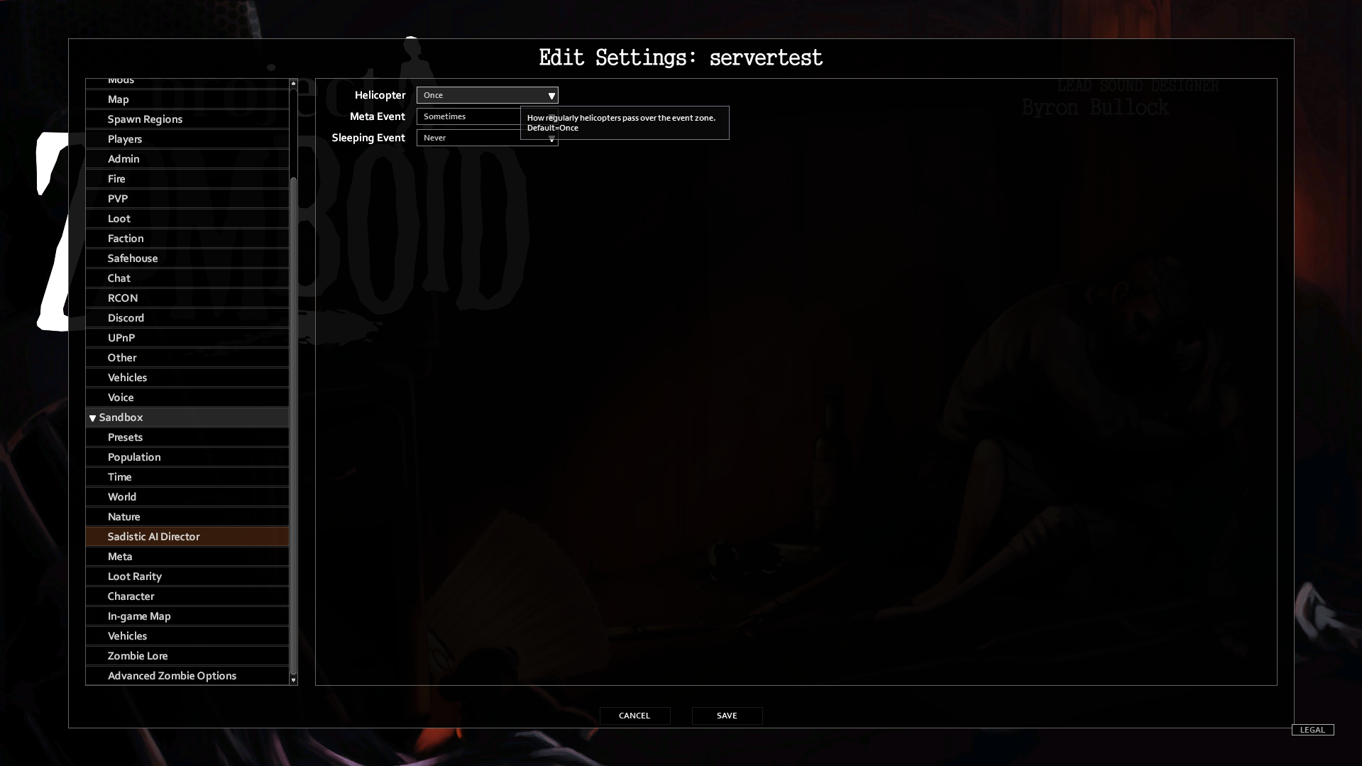 The Sandbox Sadistic AI Director settings.