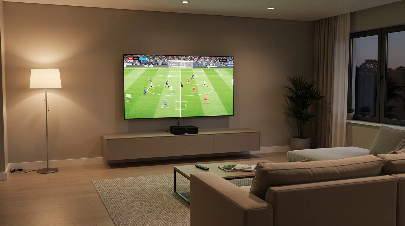 A modern living room features a large flat-screen smart TV showcasing a live football match, with a streaming device prominently placed on the media console. This setup highlights the convenience of IPTV services for sports fans, offering high-quality streaming and access to live TV channels.