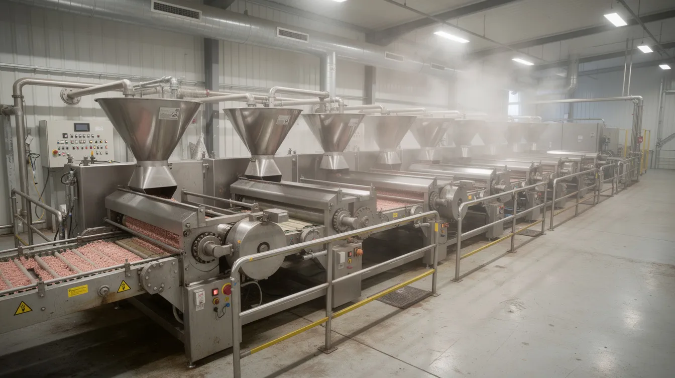 c1200544 c148 402a b584 8b5c8a47a1b2 The image shows industrial food processing machinery, featuring metal rollers and hoppers, set within a factory environment dedicated to poha manufacturing. This setup is essential for the production of flattened rice, highlighting the efficiency and scale of the food processing industry.