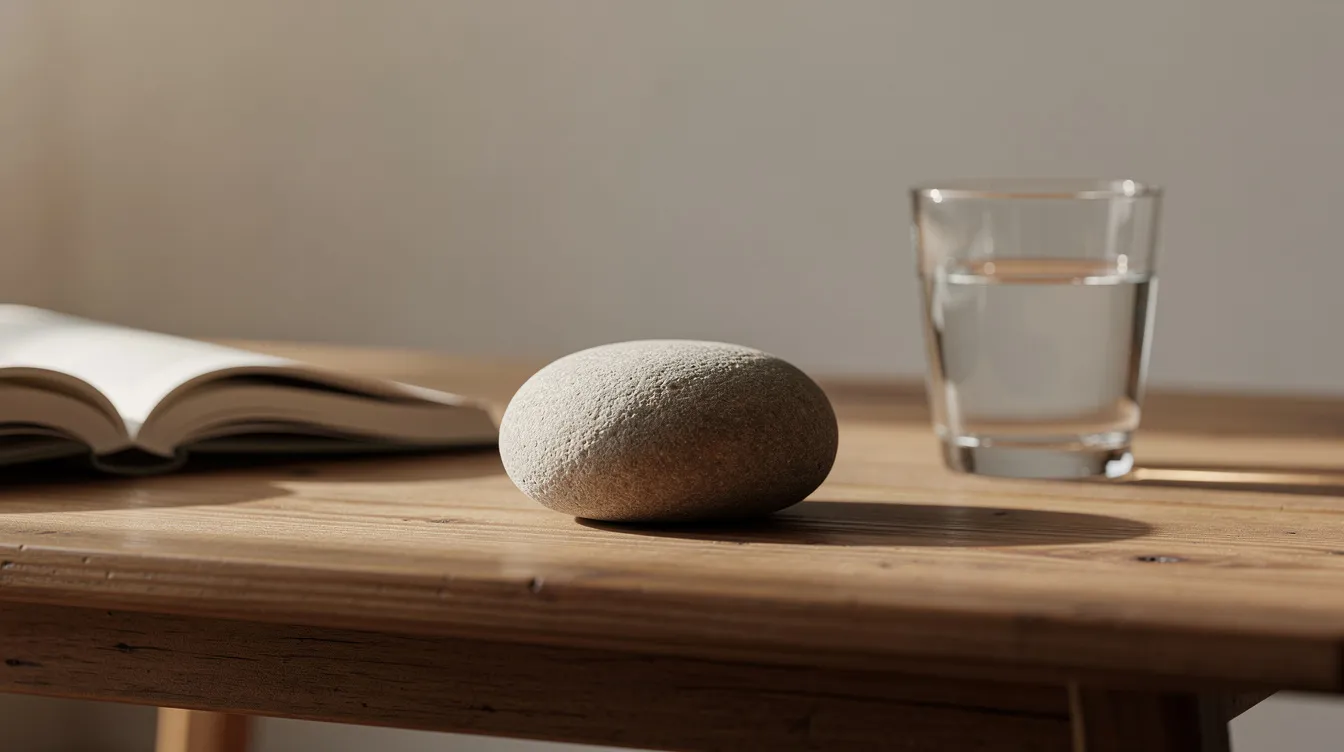 Auf einem einfachen Holztisch liegt ein glatter, runder Landschaftsstein, daneben steht ein Glas Wasser und ein offenes Buch, während weiches Seitenlicht die Szene sanft beleuchtet. Diese ruhige Anordnung erinnert an die Themen des Films "Parasite", in dem die Verhältnisse zwischen den Klassen und das Leben der Familie Kim im Mittelpunkt stehen.