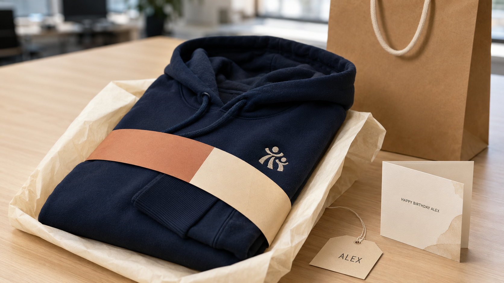 Navy hoodie folded in compact gift packaging with an embroidered mark and recipient name card